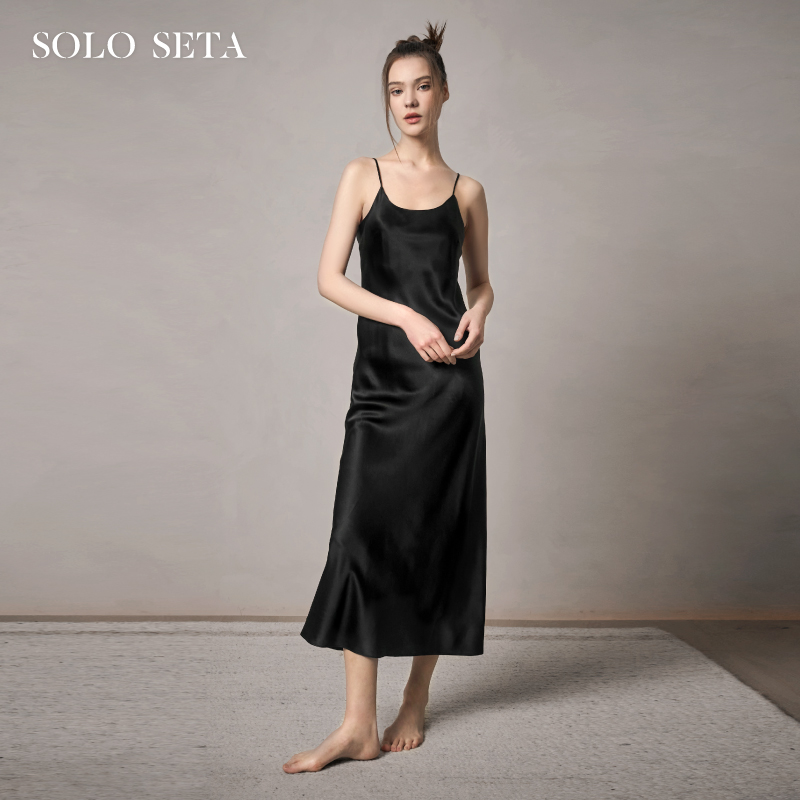 Solo seta22姆米重磅真丝吊带睡裙女桑蚕丝缎面长款露背丝绸秋冬