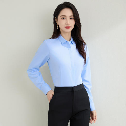 【弹力易打理】罗蒙春秋纯色暗门襟长袖衬衫女士正装商务通勤职业工装上班衬衣女上衣 商品图10