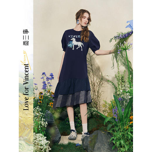 两三事梵高文艺星域骑士2025夏季新款甜美动物印花格子拼接连衣裙 商品图0