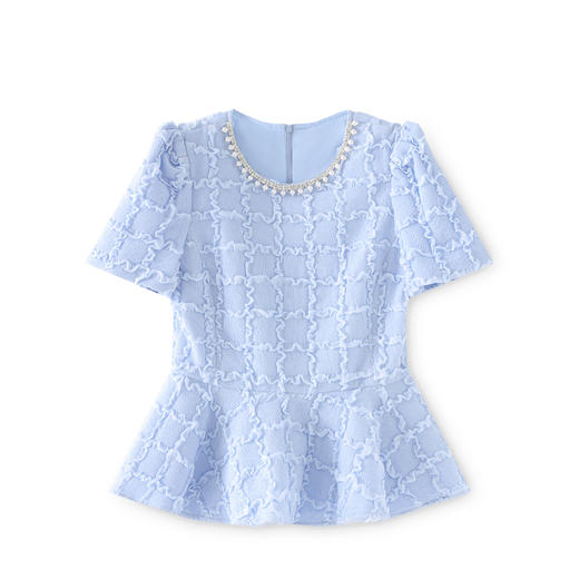 「高货wl」全新升级【铂金会员220/天猫299/差价79】(13126)洛诗琳优雅气质肌理感T恤2025夏款荷叶边收腰鱼尾上衣 商品图4