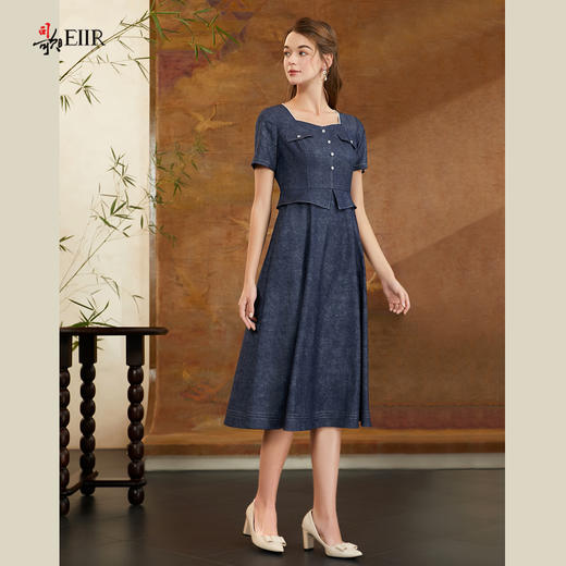 司歌v领仿牛仔轻薄连衣裙收腰短袖A911246X 商品图0