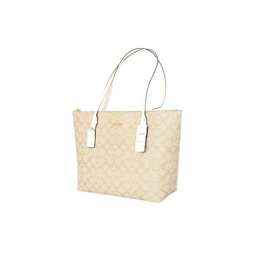 COACH蔻驰 Zip Top Tote 30 老花帆布配皮托特包Tote包购物袋单肩包 大号-女款-白色配棕色老花， 商品图1