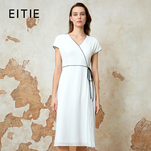 EITIE爱特爱气质V领百褶拼接收腰显瘦系带连衣裙夏季新款8207925 商品图0