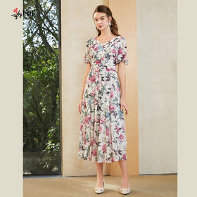 司歌雪纺v领收腰短袖连衣裙复古A911122X