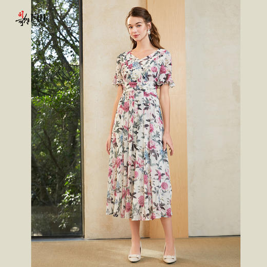 司歌雪纺v领收腰短袖连衣裙复古A911122X 商品图0