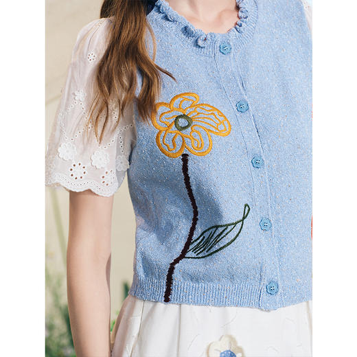两三事梵高文艺 情岛桔梗 2025夏季新款绣花拼布假两件针织开衫女 商品图3