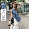 西遇格子无袖上衣女夏季新款不规则下摆设计感蓝色收腰衬衣SS050546 商品缩略图0