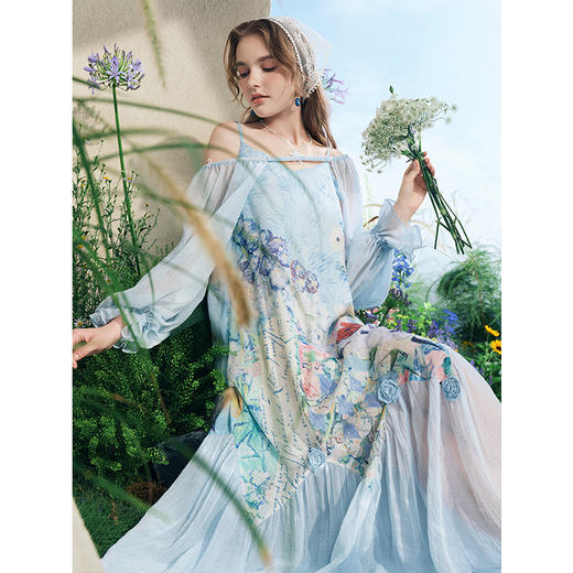 两三事梵高文艺晴川花隐2025夏新款仙女风印花吊带露肩两穿连衣裙 商品图2