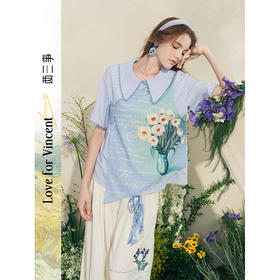 两三事梵高文艺花焰错境2025夏季新款文艺风印花布绑带短袖衬衫女