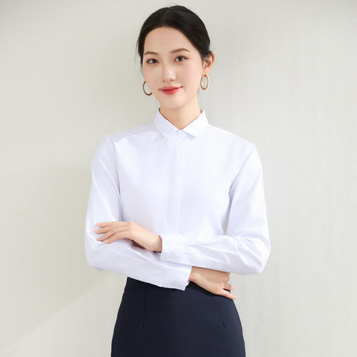 【弹力易打理】罗蒙春秋纯色暗门襟长袖衬衫女士正装商务通勤职业工装上班衬衣女上衣 商品图7