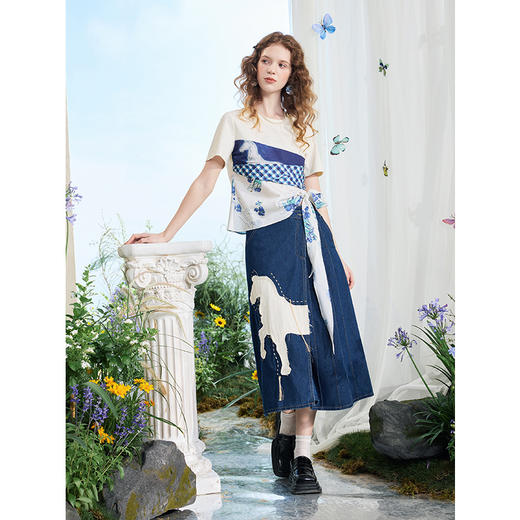 两三事梵高文艺 浮光清影 2025夏季新款印花布拼接绑带短袖t恤女 商品图2