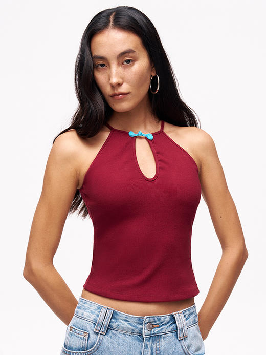 TR她热 朱砂痣 卡其色红色新中式盘扣镂空带胸垫挂脖背心吊带 商品图3