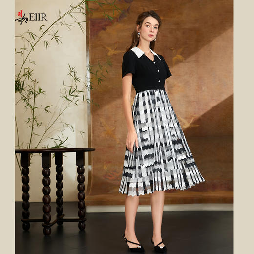 司歌弹力拼接蕾丝短袖翻领连衣裙黑白优雅A911140X 商品图0