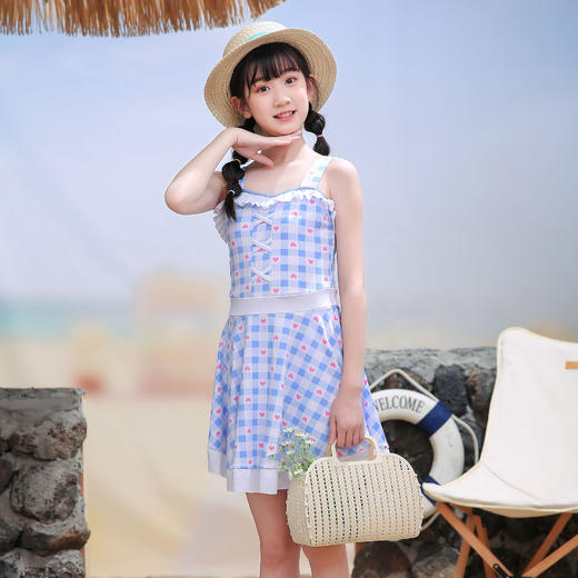 【新款夏季女孩连体泳衣，保守格子连衣裙~】连体泳衣2025新款 夏季女孩可爱保守格子连衣裙 海边大童游泳衣-QQ 商品图0