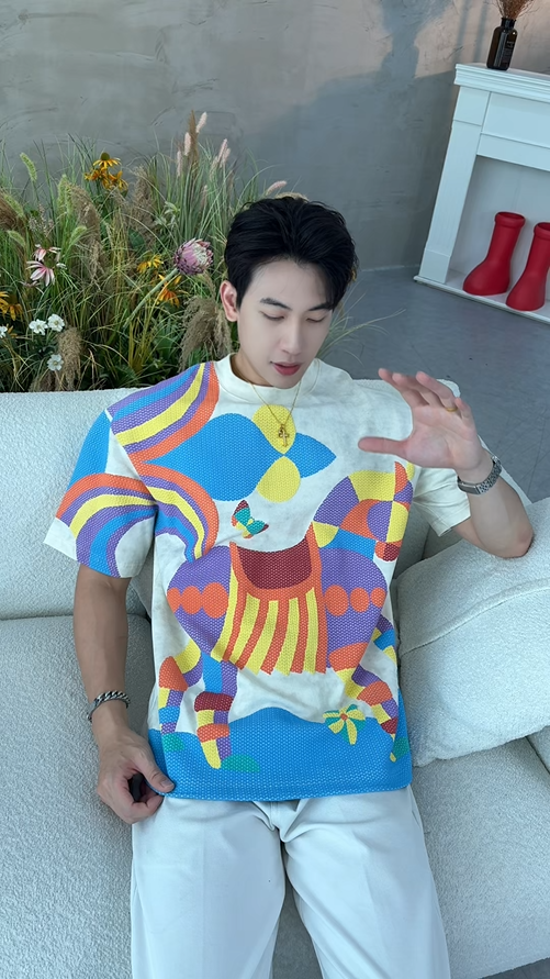 T3506夏季高级感新款男士小马彩色印花圆领短袖T恤小众设计洒金上衣