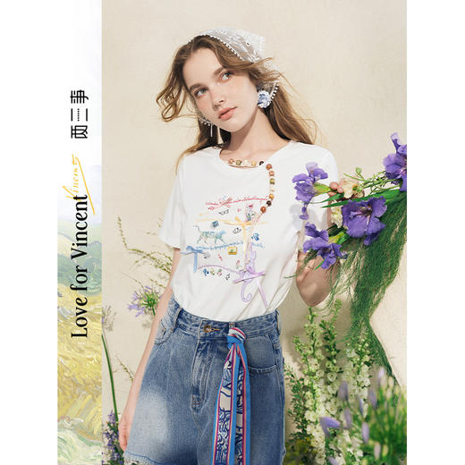 两三事梵高文艺 喵游记 2025夏季新款串珠装饰蝴蝶结贴布绣t恤女 商品图0