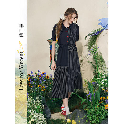 两三事梵高文艺暮夜星火2025夏季新款复古条纹拼接刺绣翻领连衣裙 商品图0