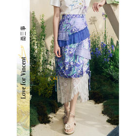 两三事梵高文艺薄藤幽纱2025夏新款压褶荷叶边拼接印花蕾丝半身裙