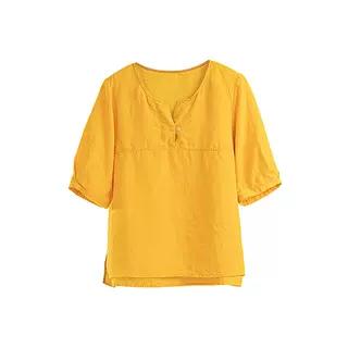 绽放旅行女装360+182朵/文艺短款v领分割短袖小衫亚麻短袖衬衫女百搭 商品图5