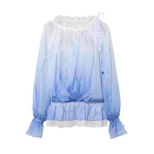 两三事 苏打碎冰 2025夏季新款渐变色抽绳一字肩灯笼袖雪纺衫女 商品图4