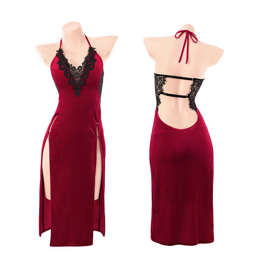 霏慕 人间朱砂痣深V丝绒睡裙6153 情趣内衣性感纯欲高开叉露臀免脱 商品图10