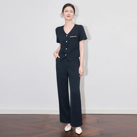 「高货wl」全新升级【铂金会员431/天猫579/差价148】(99124)洛诗琳夏季简约通勤V领短袖上衣通勤显瘦直筒裤两件套女