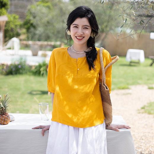 绽放旅行女装360+182朵/文艺短款v领分割短袖小衫亚麻短袖衬衫女百搭 商品图0