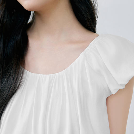 【严选】诗凡黎白色甜美飞飞袖短上衣2025夏设计感抽褶花苞型宽松短袖小衫7G5320261 商品图3