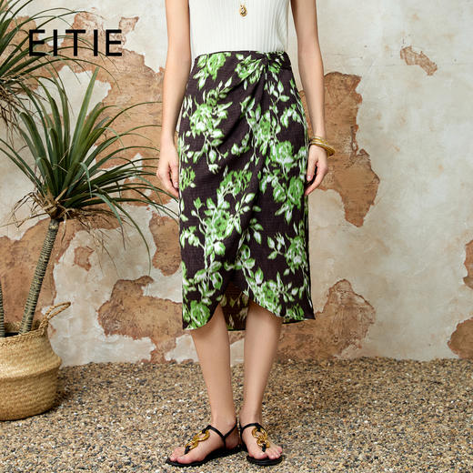 EITIE爱特爱不对称提褶开叉高腰包臀显瘦印花半身裙2025春季新款8106806 商品图0