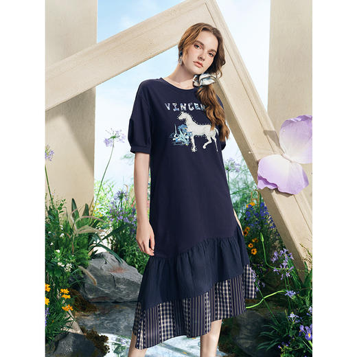 两三事梵高文艺星域骑士2025夏季新款甜美动物印花格子拼接连衣裙 商品图1