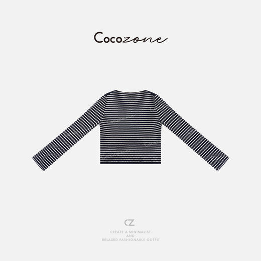 COCO ZONE 刘一一 简洁温柔黑白条纹V领单排扣毛织开衫CD1A0954 商品图4