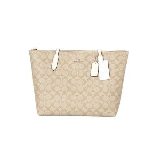 COACH蔻驰 Zip Top Tote 30 老花帆布配皮托特包Tote包购物袋单肩包 大号-女款-白色配棕色老花， 商品图3