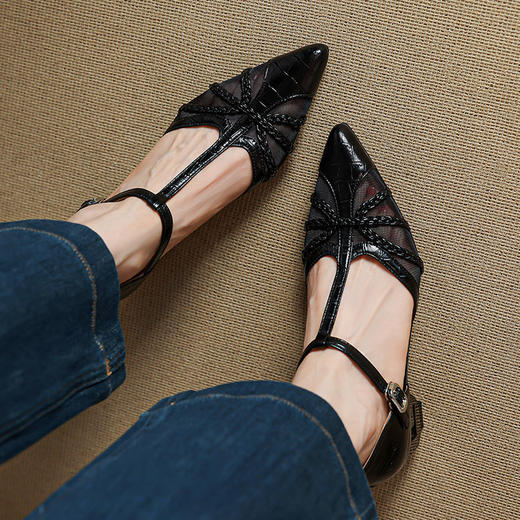 【预售5天】法式真皮编织网纱包头凉鞋，T扣绑带粗中跟鞋HCYYHD&6173 商品图3