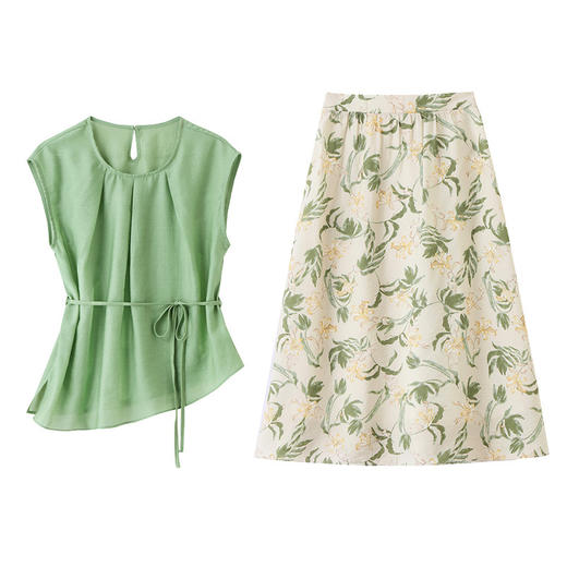 时尚套装裙夏季2025新款系带收腰无袖天丝上衣印花半身裙两件套YUEQ25862 商品图4