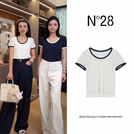 【破价】N°28 2025夏季新款设计师百搭女士圆领拼色休闲短袖撞色T恤 895251T517 商品图0
