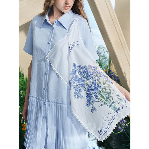 两三事梵高文艺清风自来2025夏季新款刺绣印花布拼接假两件连衣裙 商品图3