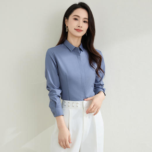 【弹力易打理】罗蒙春秋纯色暗门襟长袖衬衫女士正装商务通勤职业工装上班衬衣女上衣 商品图5