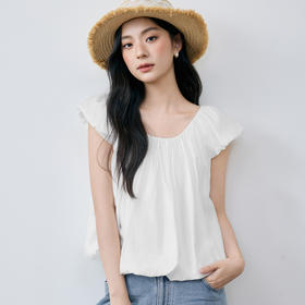 【严选】诗凡黎白色甜美飞飞袖短上衣2025夏设计感抽褶花苞型宽松短袖小衫7G5320261