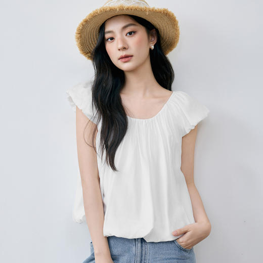 【严选】诗凡黎白色甜美飞飞袖短上衣2025夏设计感抽褶花苞型宽松短袖小衫7G5320261 商品图0