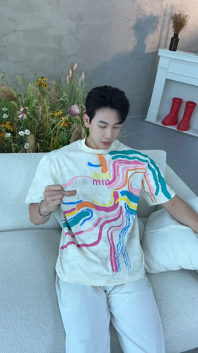 T3830夏季高级感新款男士趣味彩色印花字母短袖T恤时尚轻奢宽松上衣