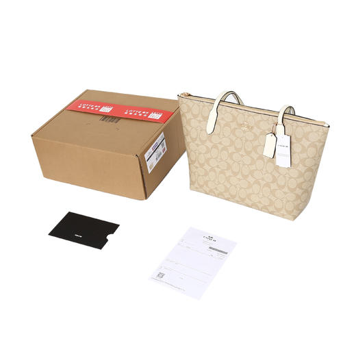 COACH蔻驰 Zip Top Tote 30 老花帆布配皮托特包Tote包购物袋单肩包 大号-女款-白色配棕色老花， 商品图0