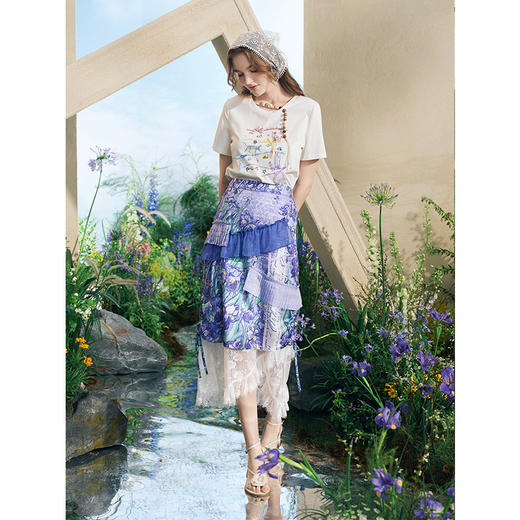 两三事梵高文艺薄藤幽纱2025夏新款压褶荷叶边拼接印花蕾丝半身裙 商品图1