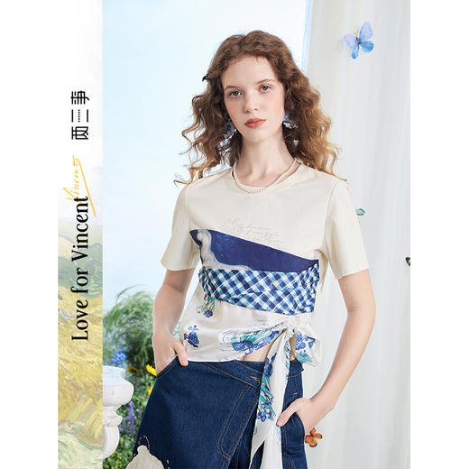 两三事梵高文艺 浮光清影 2025夏季新款印花布拼接绑带短袖t恤女 商品图0