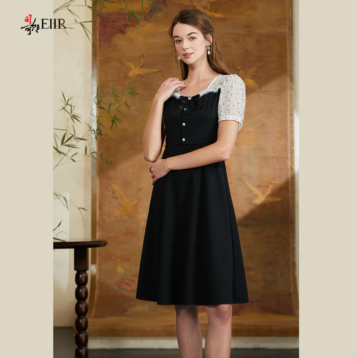 司歌翻领短袖拼接网纱刺绣显瘦连衣裙A911032X 商品图4