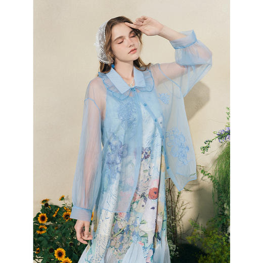 两三事梵高文艺 浮蓝絮光 2025夏季新款小清新绣花透视网纱衬衫女 商品图1