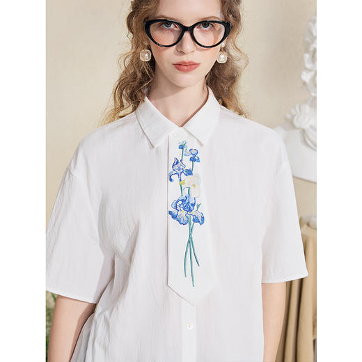 两三事梵高文艺流鸢恋语2025夏季新款休闲可拆绣花领带衬衫女宽松 商品图2