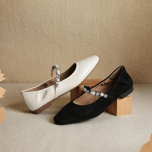 千百度低跟珍珠玛丽珍鞋女羊皮平底晚晚鞋浅口单鞋A25480059 商品图1