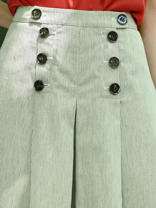 TYNVIE 粉条纹双排扣褶裥及膝半身裙 商品图3