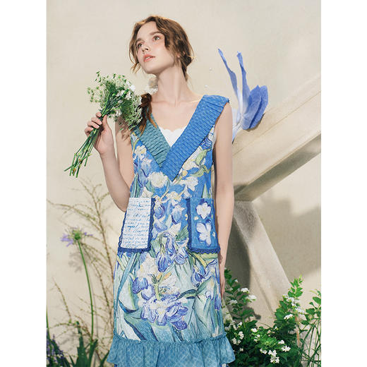 两三事梵高文艺花开若夏2025夏季新款压褶荷叶边印花蛋糕裙连衣裙 商品图2