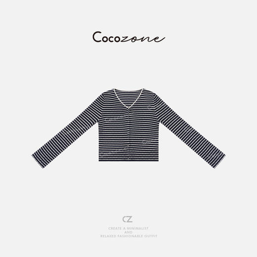 COCO ZONE 刘一一 简洁温柔黑白条纹V领单排扣毛织开衫CD1A0954 商品图3